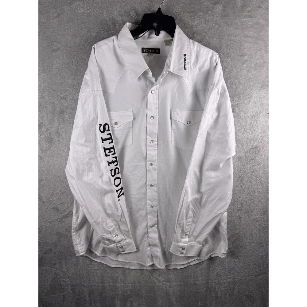 Stetson Shirt Mens 3XL White Western Snap Long Sleeve Logo Cotton Rodeo